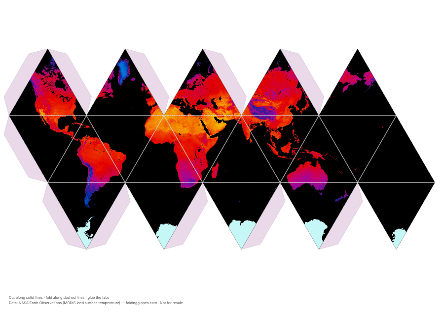 Land Temperature at Night folding globe net — cut, fold, and glue